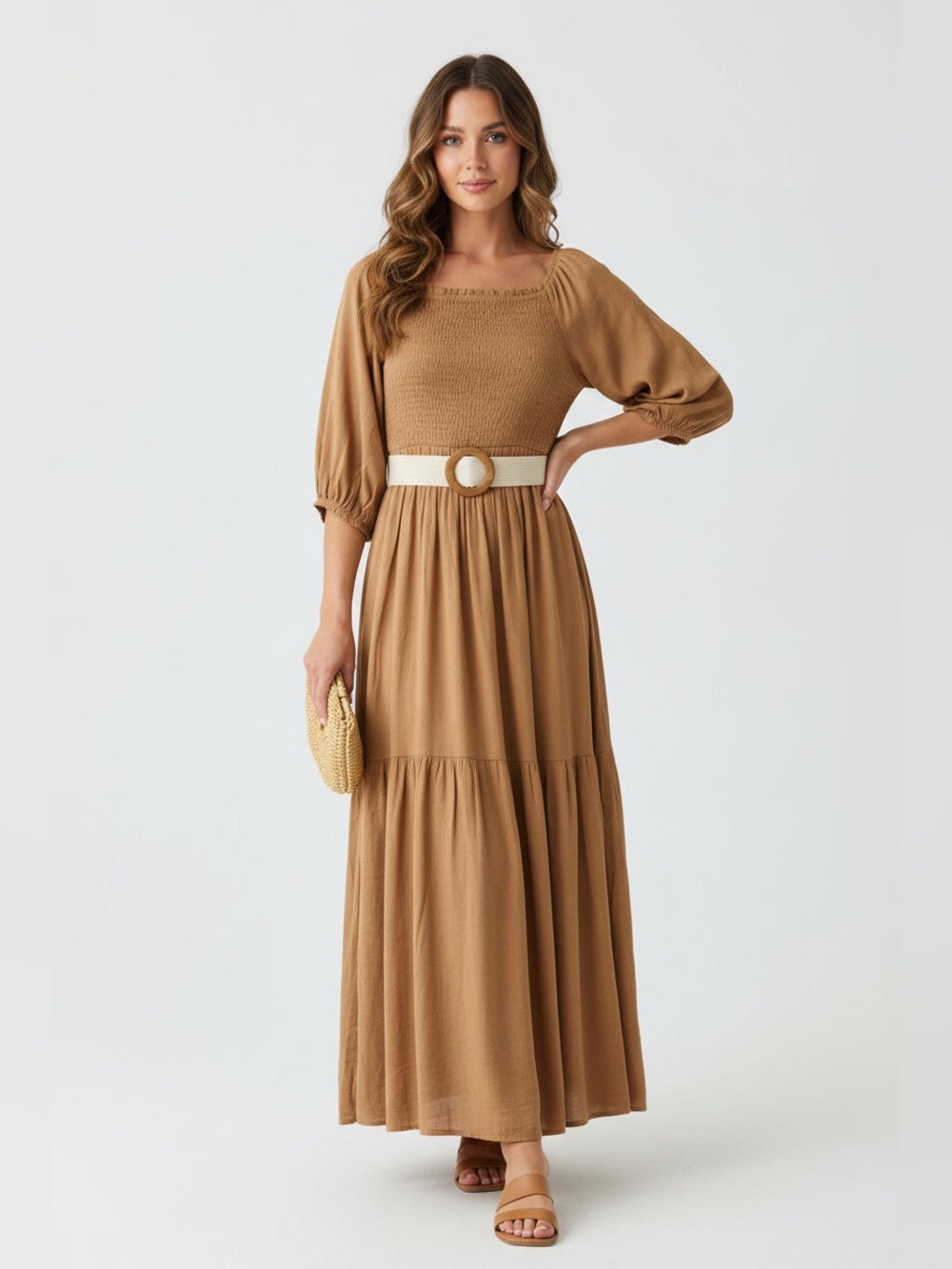 Smocked Square-Neck Maxi Dress in Camel